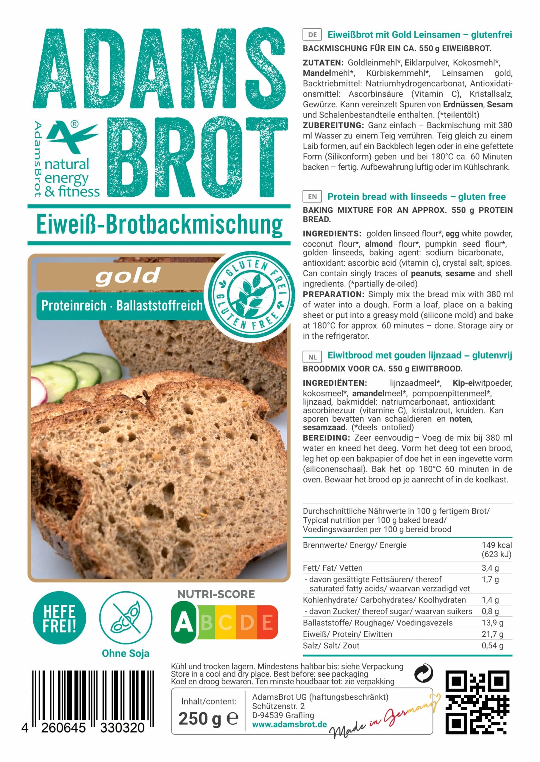 Preparato Per Pane Low Carb Adams Brot – Gold 250gr - immagine 2
