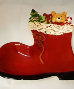 Piatto decorazione natalizia a forma di stivale rosso in ceramica