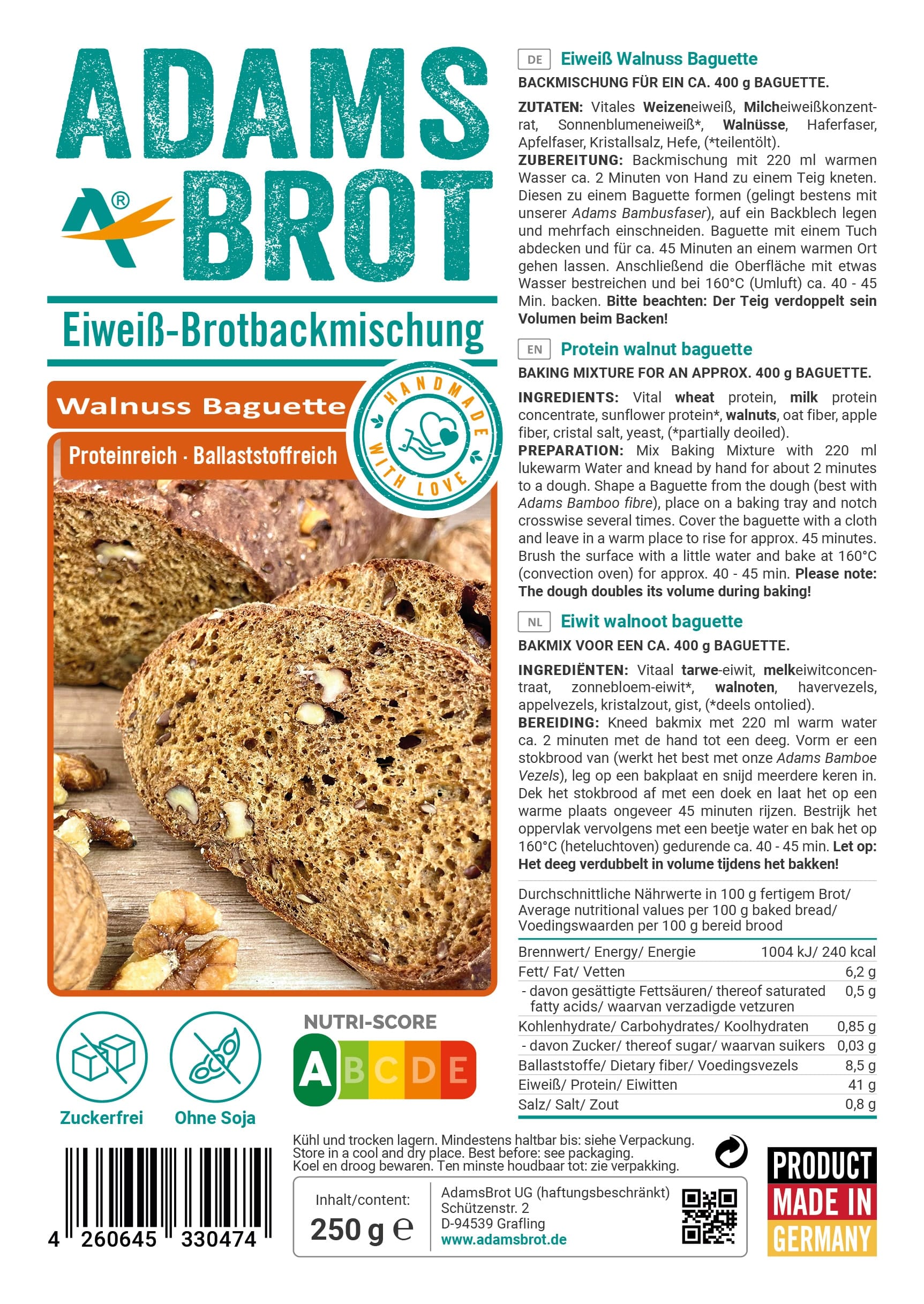 Preparato per Baguette Low Carb alle noci Adams Brot 250gr - immagine 2