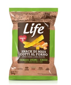 Bastoncini di mais Gusto Formaggio, Curcuma e Zenzero – LifeSnack 90gr