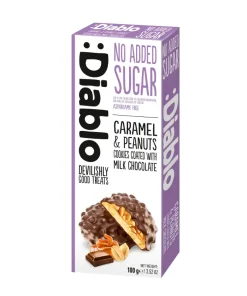 Biscotti senza zucchero al caramello ed arachidi ricoperti di cioccolato al latte 100gr