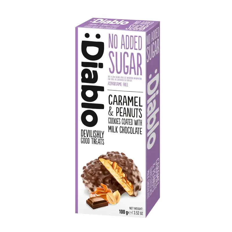 Biscotti senza zucchero al caramello ed arachidi ricoperti di cioccolato al latte 100gr