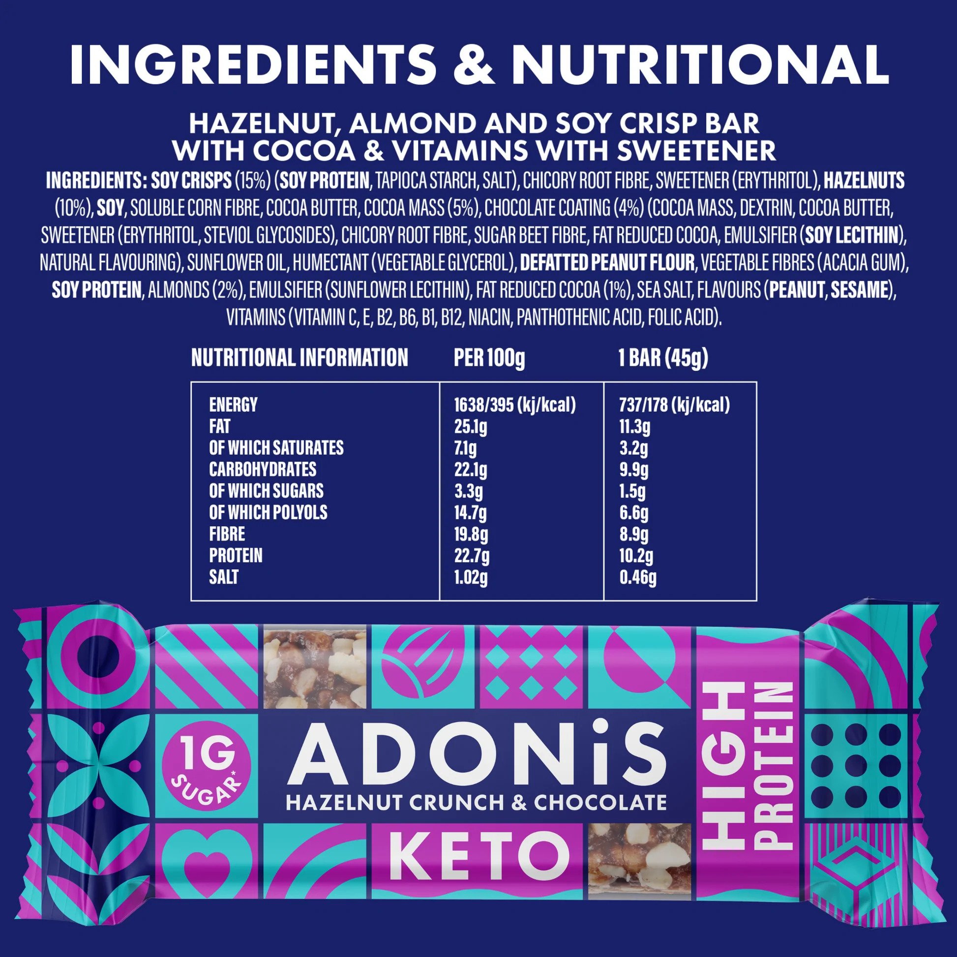 Barretta Keto Proteica Nocciola E Cacao – Adonis 45gr - immagine 3