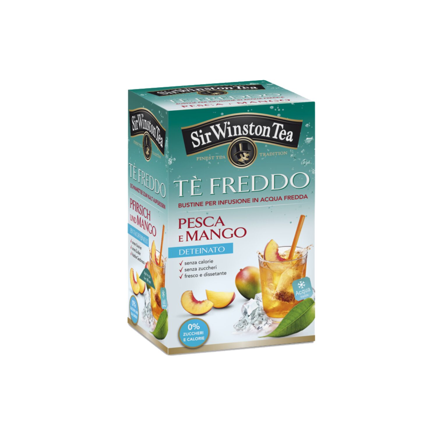 Sir Winston Tea® | Tè Freddo Deteinato Pesca e Mango | Tè Senza Zuccheri e Calorie | Tè Deteinato Frutta Pesca & Mango – 1 x 18 Bustine di Tè (45 Gr)