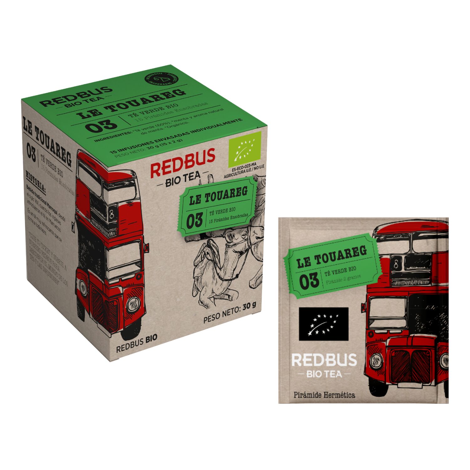 Redbus® | Tè Verde & Menta Fresca | Tè Verde Rinfrescante Menta | Toua-reg Tè Verde BIO Menta Filtri Confezionati Singolarmente – 15 Piramidi (30 Gr)