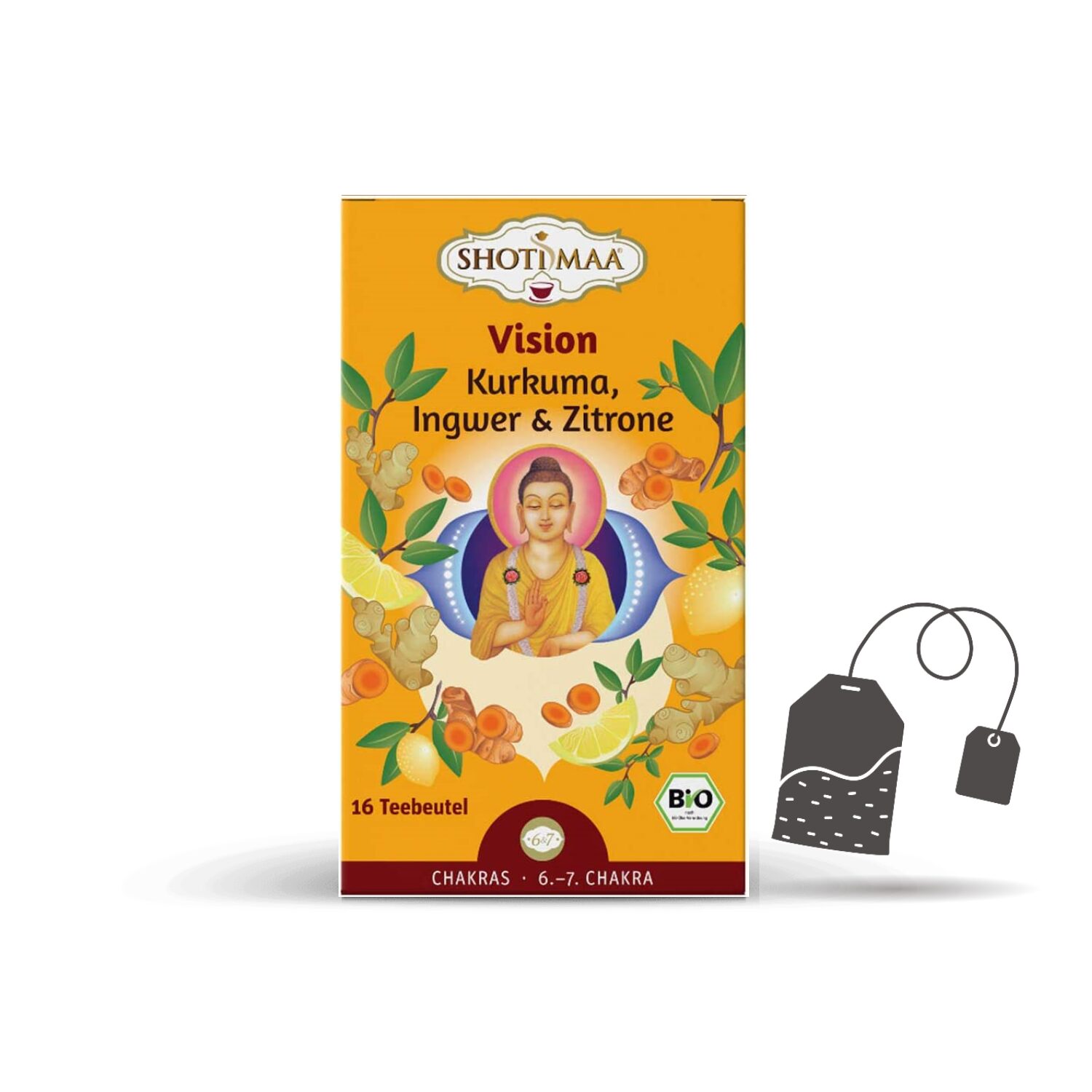 Shoti Maa® | Tisana BIO Erbe & Spezie | Infuso Biologico Curcuma, Zenzero & Limone | Infuso Ayurvedico per il 6° e 7° Chakra – 16 Bustine (32 Gr) | Tisana Spezie & Menta